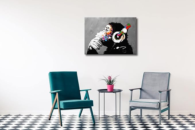 Wieco Art Monkey With Headphones Banksy Graffiti Art Abstract Canvas Painting Posters and Prints Animal Canvas Wall Art for Wall Decor and Home decorations Office Decor