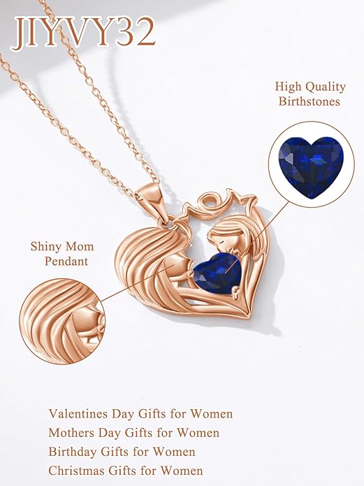Mother and Daughter/Son Love Heart Necklace White Gold/14K Gold/Rose Gold Birthstone Jewelry Christmas Mothers Day Birthday Gifts For Mom Wife Grandma Women