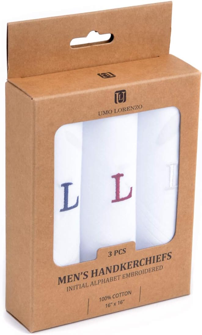 Initial Handkerchief for Men, Monogrammed Boxed 3 Piece Set,100% Cotton