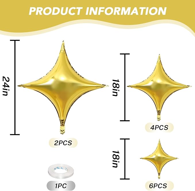 12PCS Gold Star Balloons, 24in 18in 10in Four Pointed Star Shaped Balloon Gold Foil Balloons for Graduation New Year Birthday Retirement Party Decorations