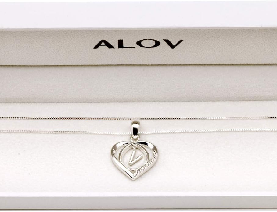 ALOV Jewelry Sterling Silver Initial Letter Alphabet Love Heart Cubic Zirconia Pendant Necklace