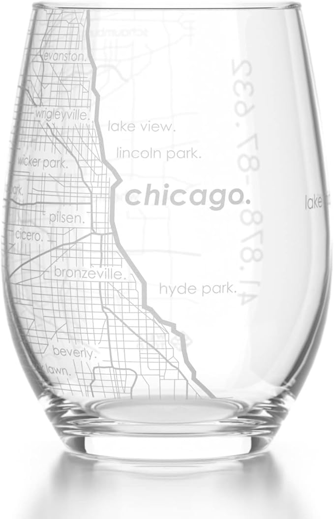 Well Told Engraved Chicago Illinois Map Stemless Wine Glass, Etched Glassware (15 oz, Clear) City Map Gift, Custom Barware, Gifts for Wine Lovers