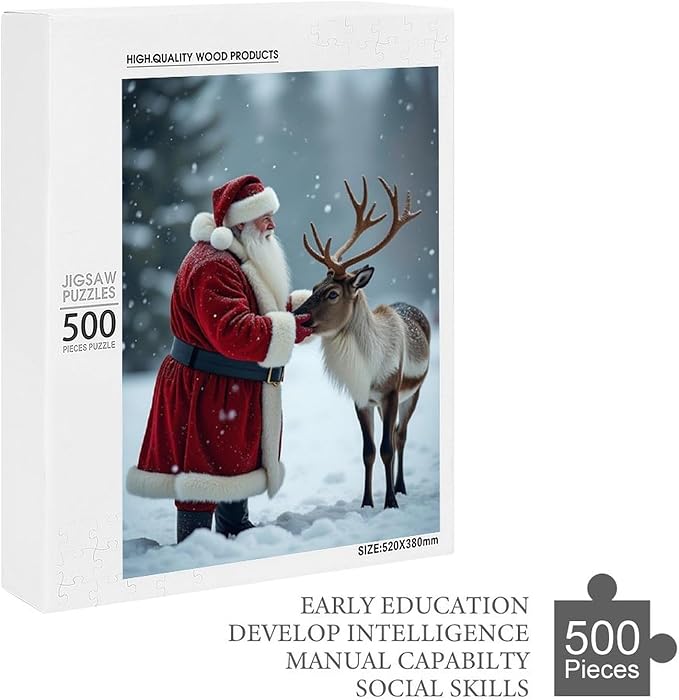 Puzzles for Adults 500 Pieces Wooden Jigsaw Puzzle - Santa Claus and Reindeer Christmas Series Theme Puzzle，Party Games，Family Toys，Educational Puzzles，Stress Relief Wooden Puzzle，Home Decoration