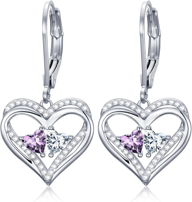 Heart Leverback Earrings Double Birthstone Dangle Earrings for Women, Love Jewelry for Her, Christmas Gifts for Women, Anniversary Birthday Gift for Mom Wife Girlfriend