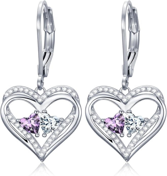 Heart Leverback Earrings Double Birthstone Dangle Earrings for Women, Love Jewelry for Her, Christmas Gifts for Women, Anniversary Birthday Gift for Mom Wife Girlfriend