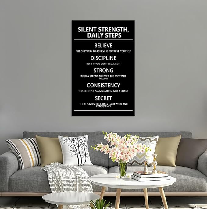 Inspirational Silent Strength,Daily Steps quote Motivational Canvas Wall Art Inspiration Poster Painting Prints Wall Pictures for Home Office Gym Decor Framed Artwork [24''W x 36''H]