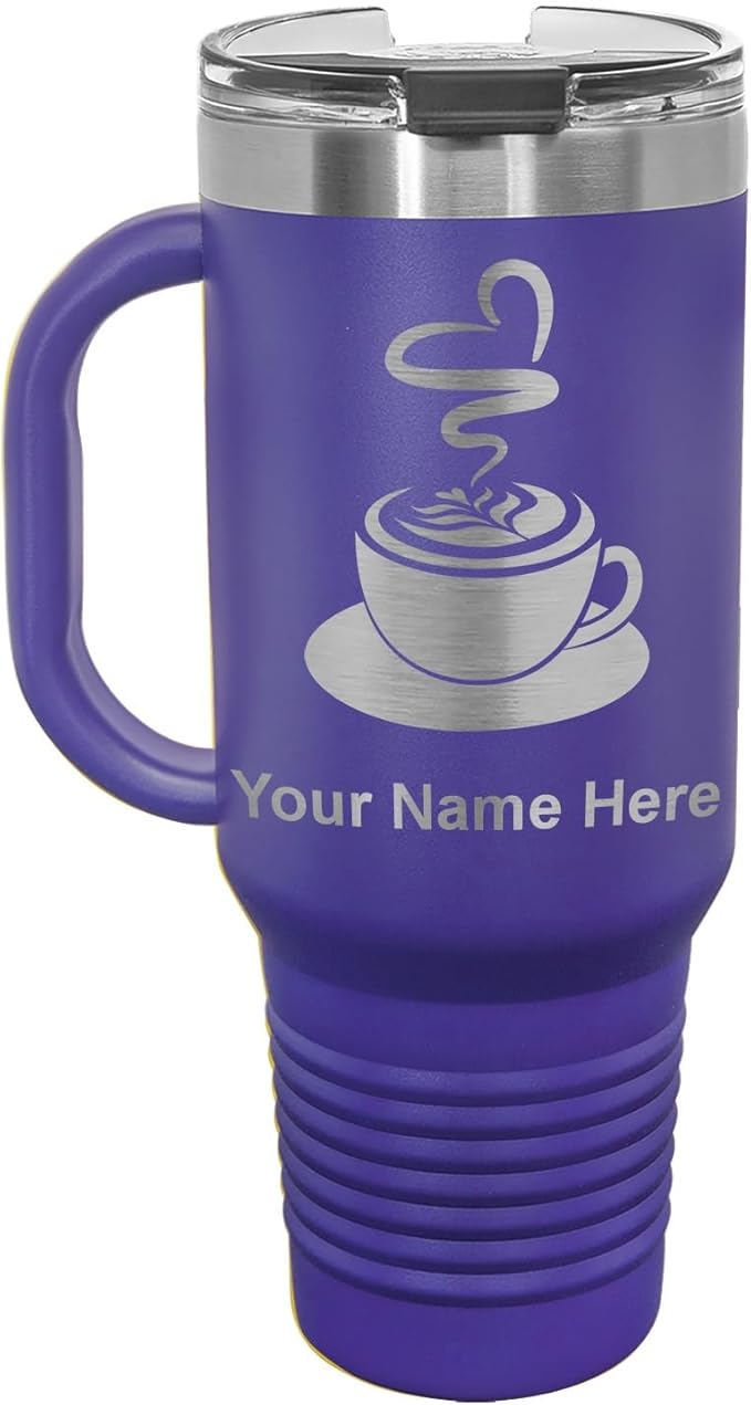 LaserGram 40oz Vacuum Insulated Travel Mug with Handle, Cup of Coffee, Personalized Engraving Included (Dark Purple)