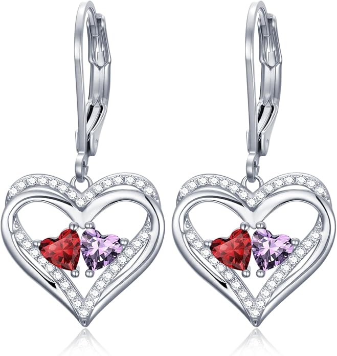 Heart Leverback Earrings Double Birthstone Dangle Earrings for Women, Love Jewelry for Her, Christmas Gifts for Women, Anniversary Birthday Gift for Mom Wife Girlfriend