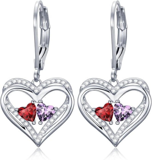 Heart Leverback Earrings Double Birthstone Dangle Earrings for Women, Love Jewelry for Her, Christmas Gifts for Women, Anniversary Birthday Gift for Mom Wife Girlfriend