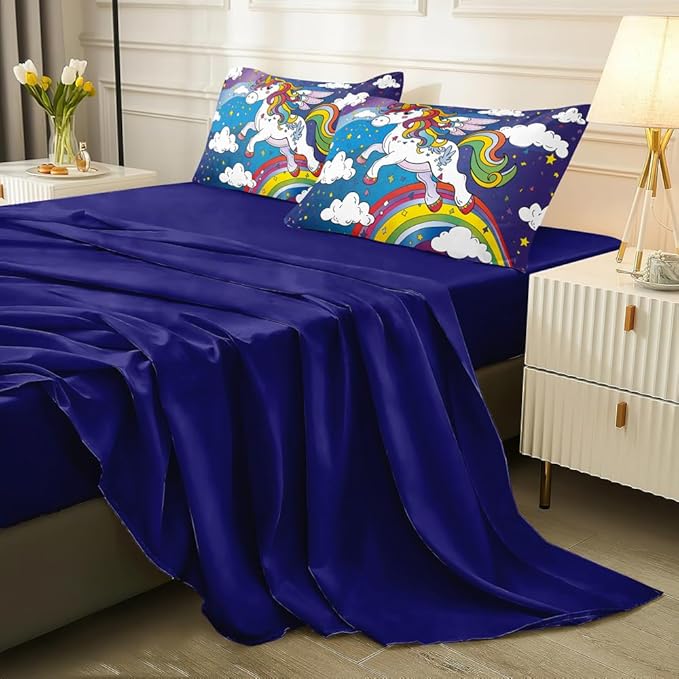 Unicorn Comforter Set - 5PCS Bedding Set for Girls, Rainbow Unicorn Theme, Bed in a Bag with Flat & Fitted Sheet, Pillowcase