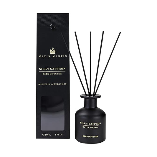 Matin Martin Silky Saffron Reed Diffuser 5 oz - Luxury Aromatherapy with Magnolia, Bergamot - Home Decor Gift for Bedroom, Office, Living Room, Bathroom - Long-Lasting Scent - Premium Fragrance Sticks