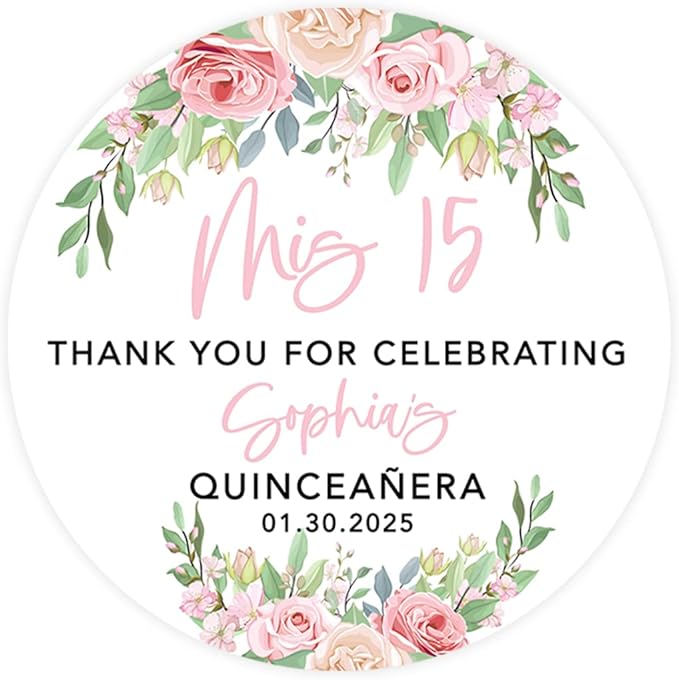 Andaz Press 40-Pack Personalized 2" Round Circle Quinceañera Labels, Pink & Cream Roses Custom Thank You Sticker Labels for Mis Quince Años, XV, 15th Birthday Favor Gifts, Quince Decorations