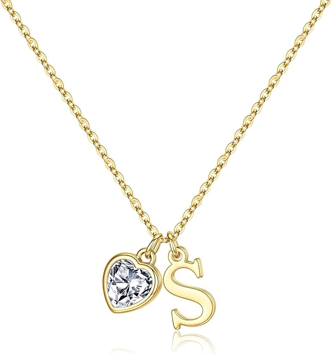 Turandoss Valentines Day Gifts for Her Trendy, Dainty 14K Gold Plated Initial A-Z Heart Birthstone Pendant Necklace Personalized Bridesmaid Birthday Valentines Jewelry Gifts for Women Girls
