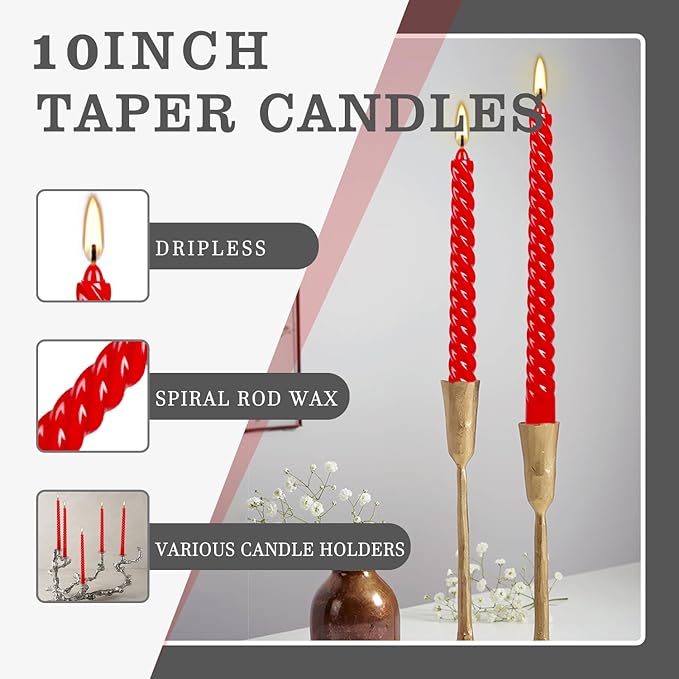 10 Inch Red Spiral Taper Candles Set of 12 Pack Unscented Dripless Candlesticks for Christmas,Dinner,Party,Brithday,Wedding and Home Decoration