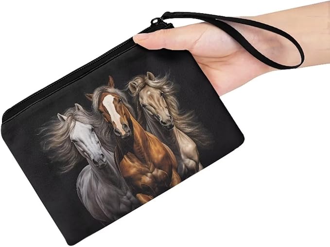 Dolyues Horse Wallets Soft Coin Purse with Wrist Strap Black Travel Casual Change Pouch Bag Small Black Clutch Bags for Boys Men Cool Coin Storage Bag