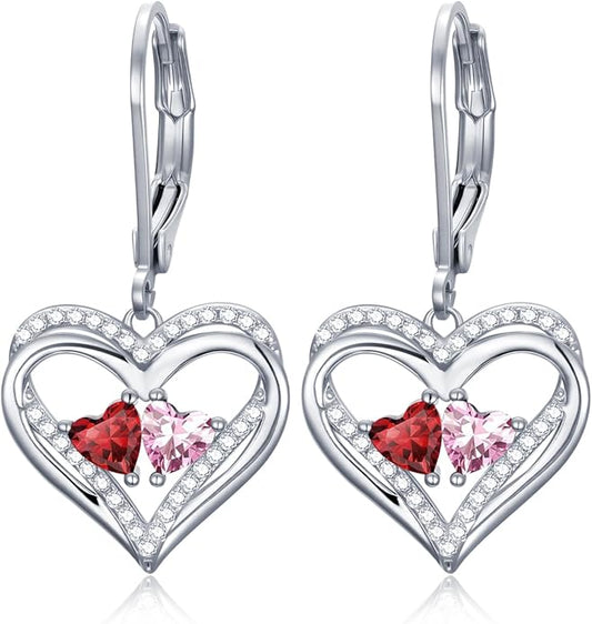 Heart Leverback Earrings Double Birthstone Dangle Earrings for Women, Love Jewelry for Her, Christmas Gifts for Women, Anniversary Birthday Gift for Mom Wife Girlfriend