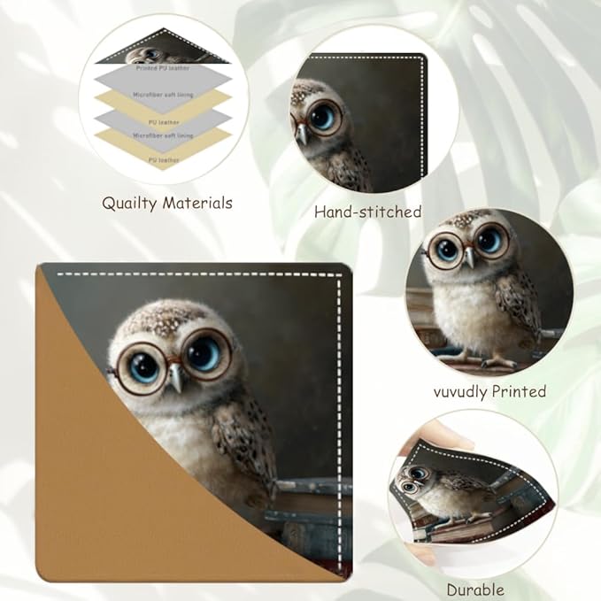 2PCS Leather Bookmarks 3.54 x 3.54 Inch Night Owl with Glasses and Vintage Books Design Reading Accessories for Books Journals Bibles Travel Diary Students Teachers and Book Lovers Gift