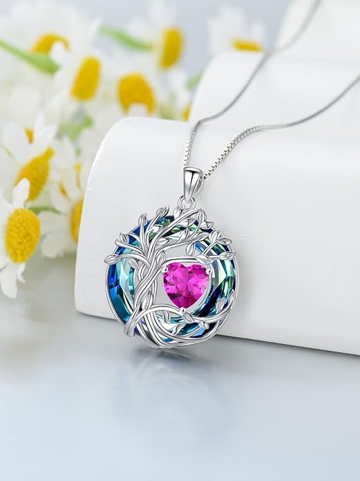 TOUPOP Tree of Life Birthstone Necklace 925 Sterling Silver Pendant Austrian Crystal Jewelry Anniversary Valentine's Day Birthday Gifts for Women Mom Her Wife