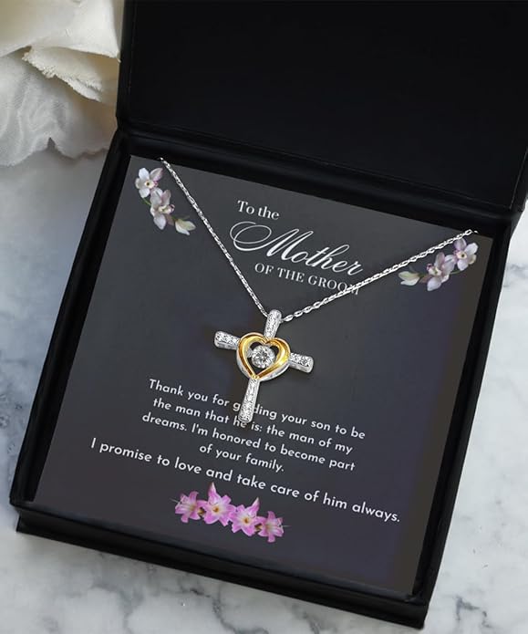 Mother of the Groom Gifts from Bride (.925) Stirling Silver Cross Necklace, Gift for Moms on Wedding Day Card and Jewelry, Mother in Law Wedding Gift from Bride