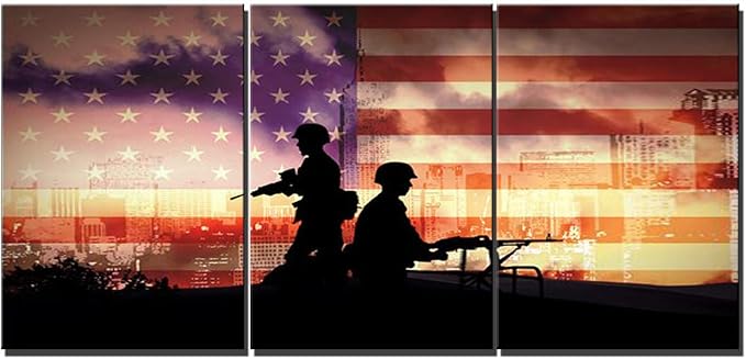 TUMOVO 3 Piece Canvas Wall Art Modern American Flag Paintings for Living Room Soldiers Silhouettes Pictures HD Prints White Stars Artwork Home Decor Giclee Framed Stretched Ready to Hang(60''Wx28''H)