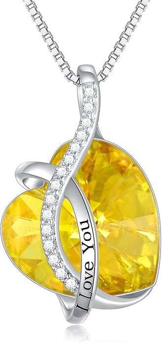 AOBOCO I Love You Sterling Silver 12 Birthstone Heart Pendant Necklace Embellished with Crystals from Austria, Mother's Day Anniversary Birthday Jewelry Christmas Gifts for Women Grandma Nana