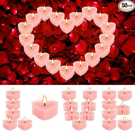 50Pcs Valentines Day Tealight Candles Rose Scented in Clear Cup,Love Pink Wax Votive Candle for Valentine's Day,Home Decor,Wedding, Anniversary, 4Hours Heart Shaped