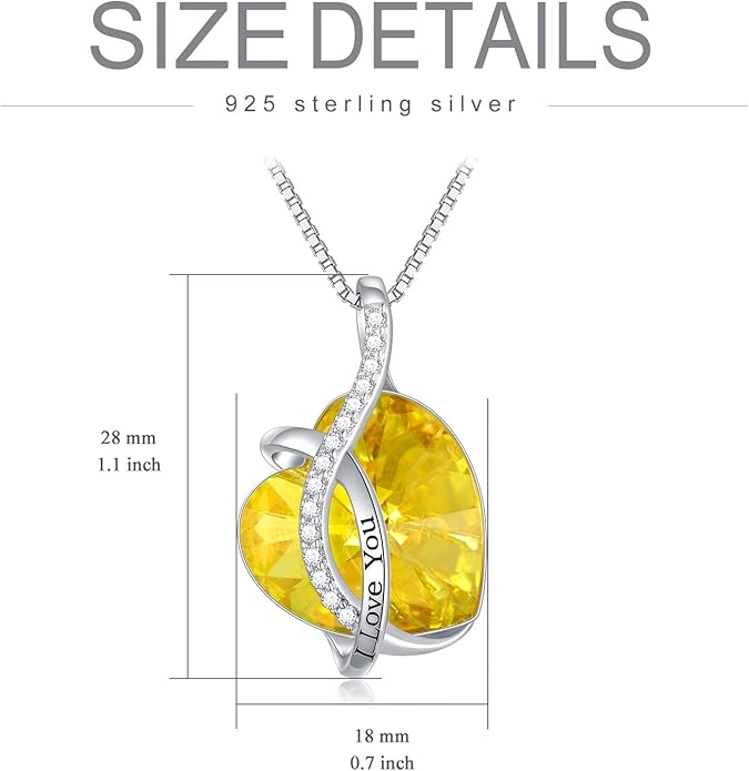AOBOCO I Love You Sterling Silver 12 Birthstone Heart Pendant Necklace Embellished with Crystals from Austria, Mother's Day Anniversary Birthday Jewelry Christmas Gifts for Women Grandma Nana
