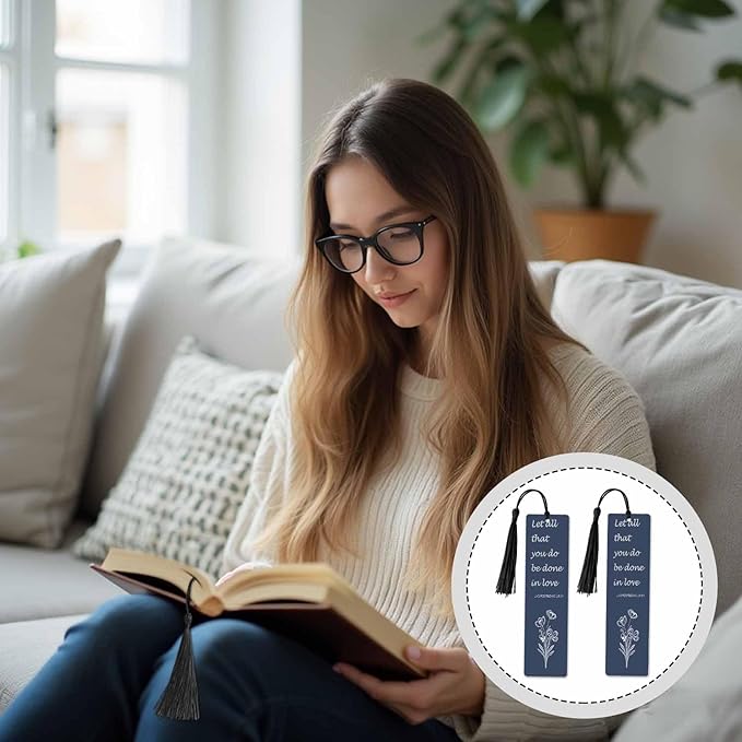 Flower Love 5 Pcs Bookmarks Bible Verses Dark Blue Wooden Bookmarks with Tassel for Students Reader Teachers Book Lovers