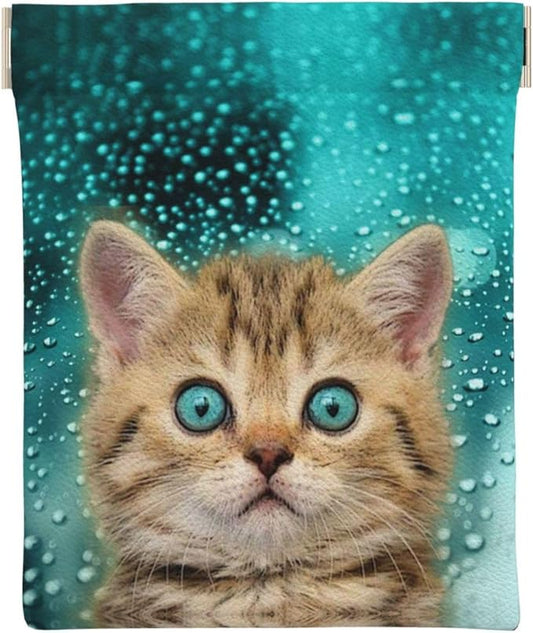 Coin Purse Blue eye cat Leather Squeeze Coin Purse Mini Pouch Change Wallet Bag Gifts for Women Kids Girls Key Holder