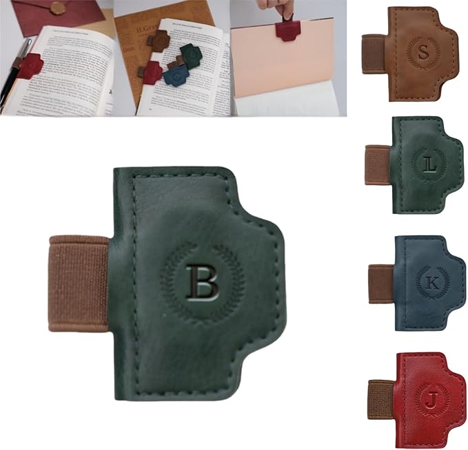 Personalized Magnetic Bygone Mark Bookmark with Pen Holder, 26 Letters Name Initial Custom Leather Book Mark for Women, Gifts for Book Lovers and Readers (Green,B)