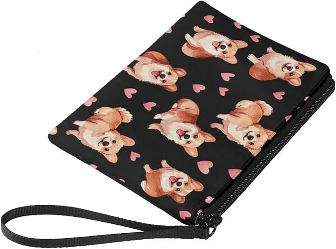 Dolyues Womens Coin Purse Zipper & Wrist Strap Wallets, Corgi and Love Printed Canvas Change Pouch for Women Girls, Organizer Purses Wallet for Coins/Card
