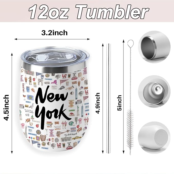 York Gifts Travel Souvenir Wine Tumbler 12 oz Insulated Wine Glass Cup with Lid Straw Vacuum Insulated Cup,Travel Lover Gifts for Women Men Friend Bestie Birthday Friendship Christmas