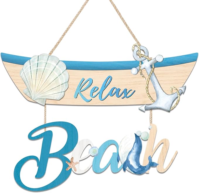 CHDITB Beach Theme Wooden Sign, Nautical Shell Anchor Summer Wooden Hanging Plaque, Relax Beach Front Door Sign Decor, Coastal Boat Beachy Wall Art Sign Hanger For Living Room, Bedroom, Office Coastal Room Decor
