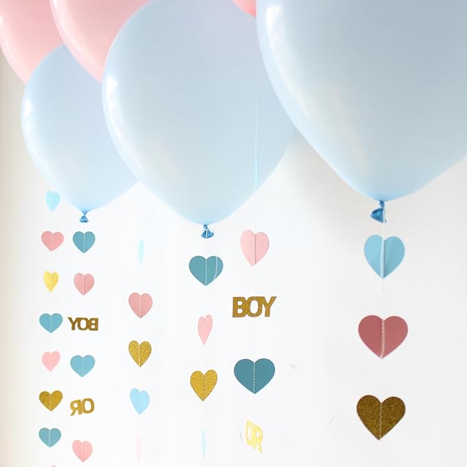 Boy or Girl Gender Reveal Decorations 6PC Pink Blue Balloon Tails with Heart Streamer Garland for Baby Shower Decorations
