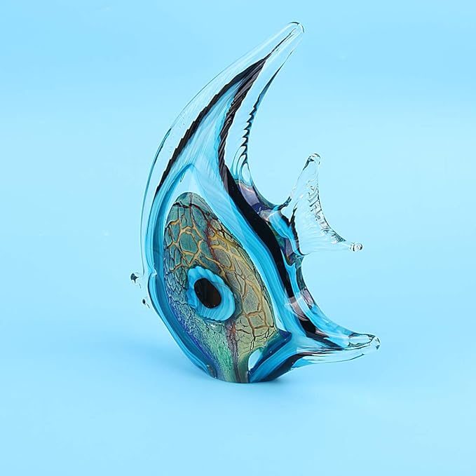 Hophen Tropical Angel Fish Art Glass Blown Handmade Sea Animal Figurine Sculpture Home Decor Collectible Statue Paper Weight Gift Ornament (Big Blue)