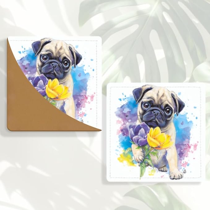 2PCS Leather Bookmarks 3.54 x 3.54 Inch Cute Pug Dog with Flowers Design Reading Accessories for Books Journals Bibles Travel Diary Students Teachers and Book Lovers Gift
