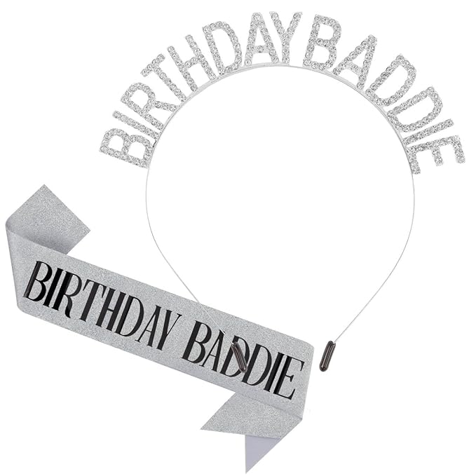 Canitor Birthday Baddie Sash Crown Set Birthday Party Favors Supplies Decorations & Accessories for Women Girl Men Adult Rhinestone Tiara Headband Soft Satin Sash