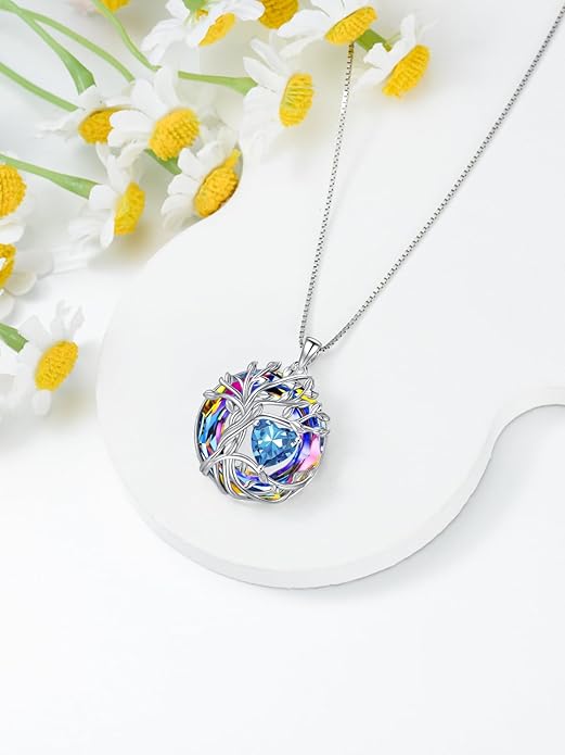 TOUPOP Tree of Life Birthstone Necklace 925 Sterling Silver Pendant Austrian Crystal Jewelry Anniversary Valentine's Day Birthday Gifts for Women Mom Her Wife
