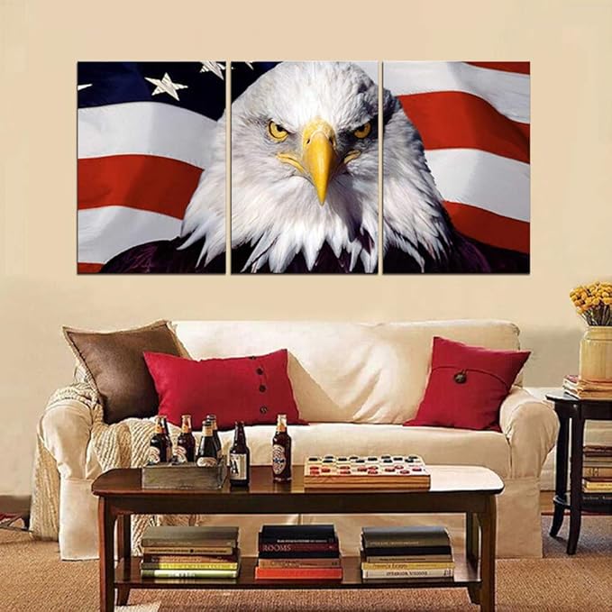 American Flag Wall Decor White Red Stripes Wall Art for Bedroom Canvas Prints Paintings Patriotic Artwork Bald Eagle Pictures Wooden House Decor Giclee Framed Stretched Ready to Hang(48''Wx24''H)