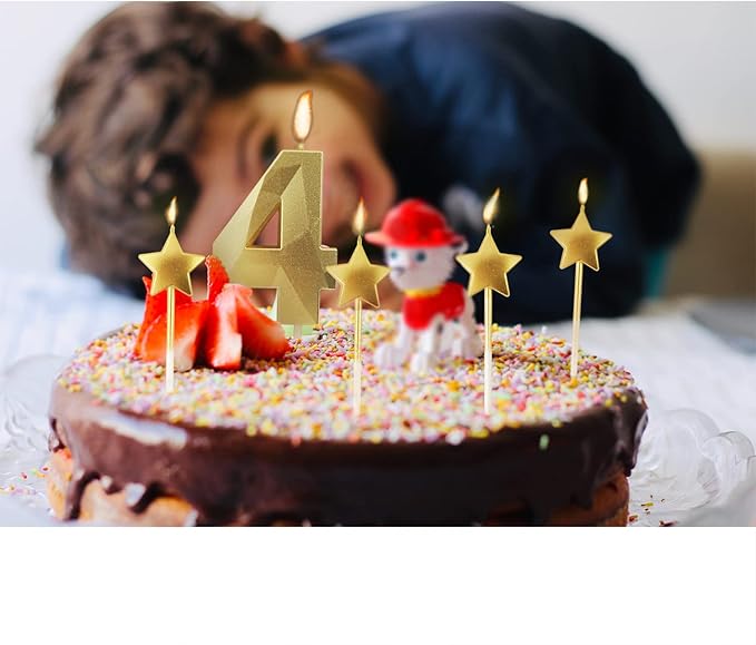 Golden Number 4 Birthday Candles and Star Birthday Candles 2.76 inch Birthday Cake Candles 3D Diamond Shaped Candles are Suitable for Birthday Parties and Anniversary Cake Decorations Candles(Gold 4