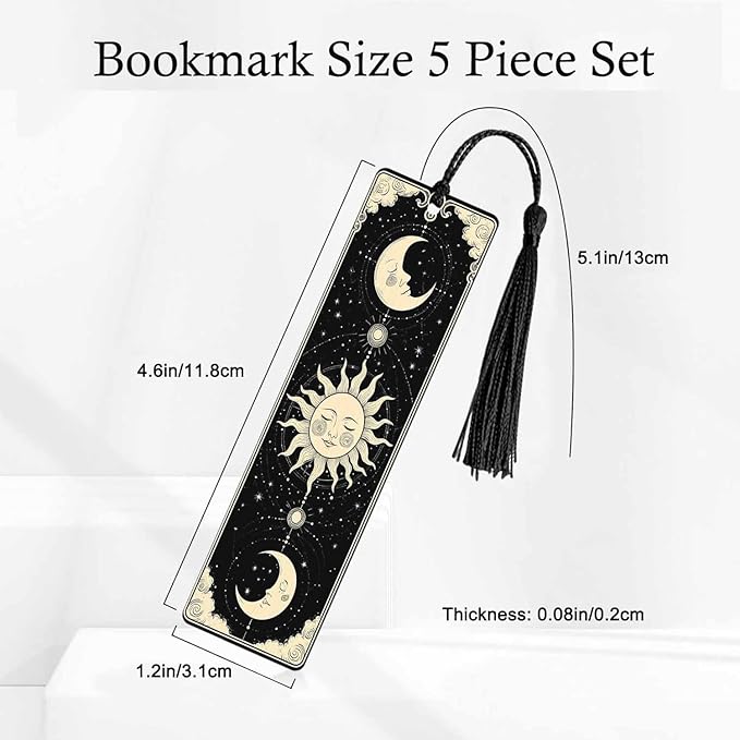 Mystical Sun Face Bookmarks Set 5 with Tassels Crescent Moon Golden Stars Planets Wooden Bookmarks for Reading Women Men Students Teachers School Supplies
