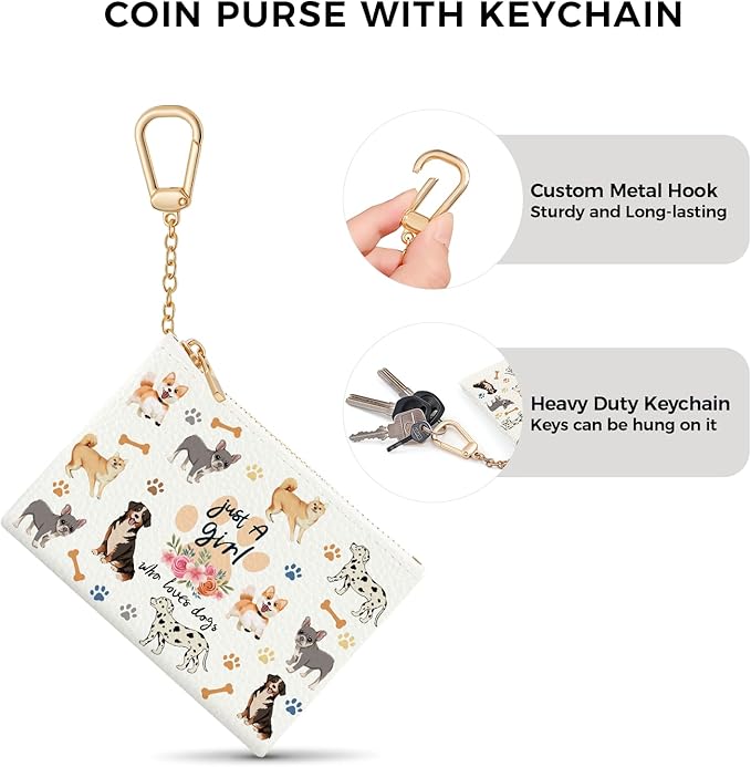 Cute Dogs Keychain Coin Purse for Women, Small PU Leather Change Pouch, Zipper Little Tiny Travel Wallet for Girls Puppy Lovers, Cute Kawaii Zip Pocket Coin Holder with Key Ring