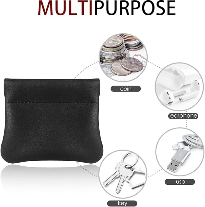 Squeeze Coin Purse Genuine Leather Wallet Compact Change Holder Travel Pouch for Women Gift Box (Black)