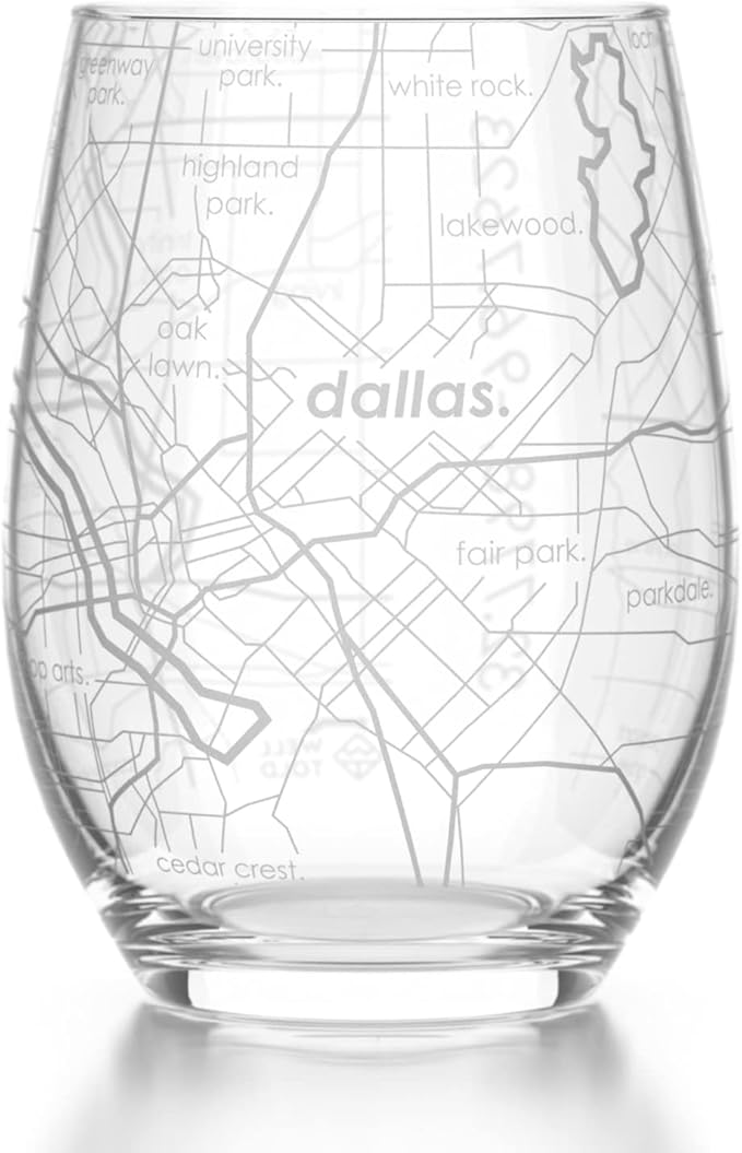 Well Told Engraved Dallas Texas Map Stemless Wine Glass, Etched Glass (15 oz, Clear) City Custom Gifts for Lovers