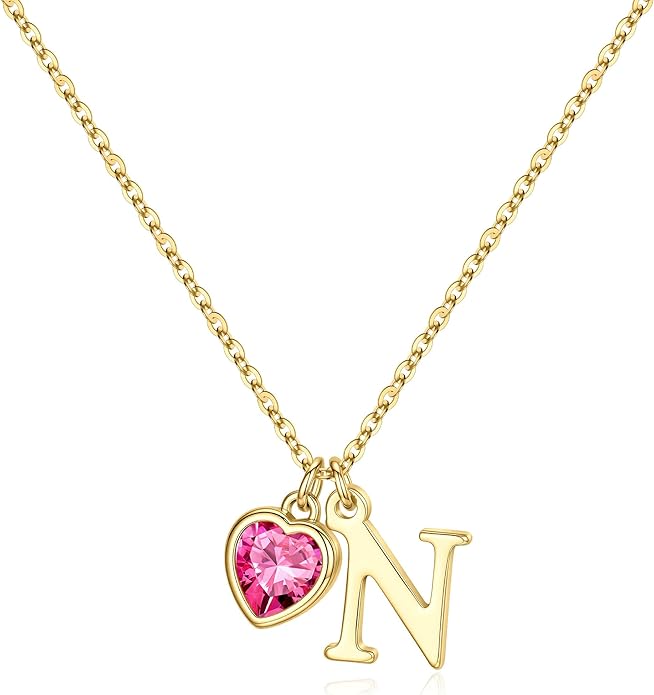 Turandoss Valentines Day Gifts for Her Trendy, Dainty 14K Gold Plated Initial A-Z Heart Birthstone Pendant Necklace Personalized Bridesmaid Birthday Valentines Jewelry Gifts for Women Girls