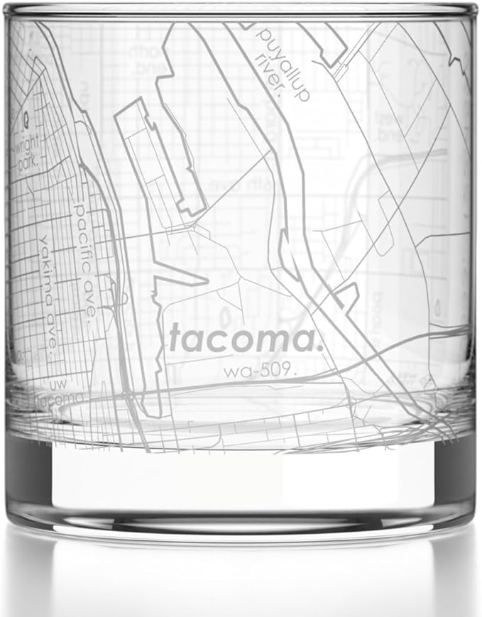 Well Told Engraved Tacoma Washington Map Rocks Glass, Old Fashioned Glassware (11 oz, Clear) Etched Bourbon Tumbler, Gifts For Whiskey Lovers