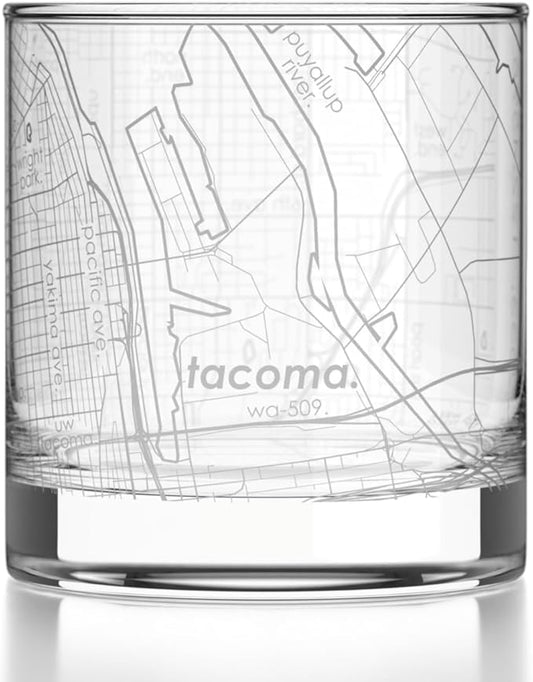 Well Told Engraved Tacoma Washington Map Rocks Glass, Old Fashioned Glassware (11 oz, Clear) Etched Bourbon Tumbler, Gifts For Whiskey Lovers
