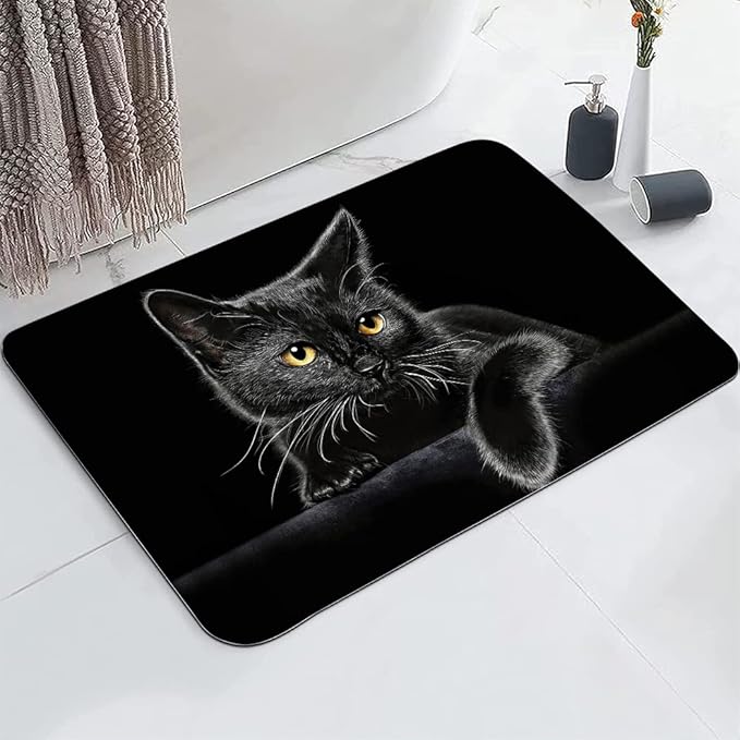 Cute Black Cat Bathroom Mat, Non-Slip Super Absorption Bath Carpet with Rubber Backing, Fit Under Bathroom Doormat Floor Rugs for Shower Buthtub Sink, 17"x24"