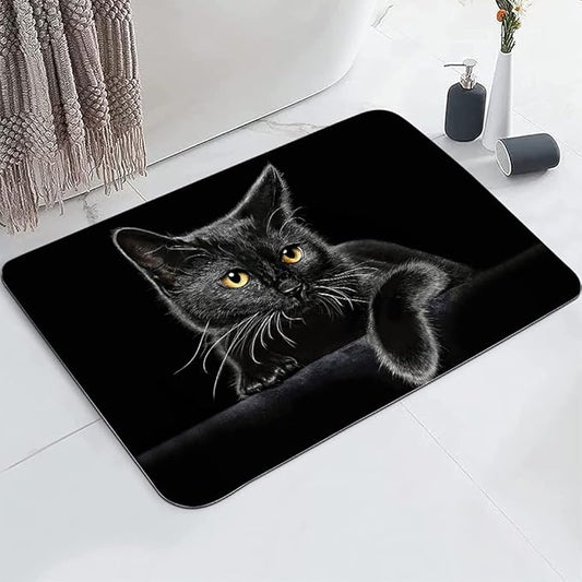 Cute Black Cat Bathroom Mat, Non-Slip Super Absorption Bath Carpet with Rubber Backing, Fit Under Bathroom Doormat Floor Rugs for Shower Buthtub Sink, 17"x24"