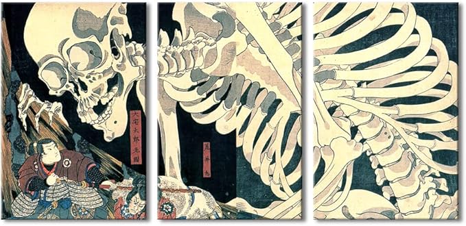 Wieco Art 3 Piece Witch and Skeleton Ukiyo-E by Utagawa Takiyasha Historic Cultural Illustrations for Living Room Bedroom Home Decorations Landscape Artwork